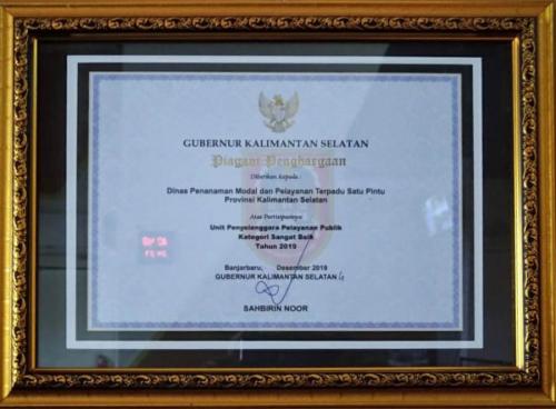 Piagam Penghargaan oleh Gubernur Kalimantan Selatan Tahun 2019